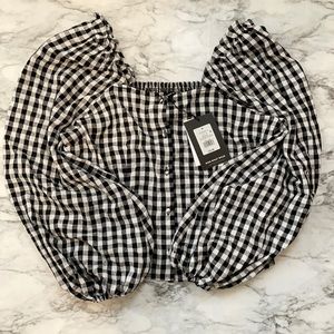 New! Who What Wear Black & White Gingham Blouse, M